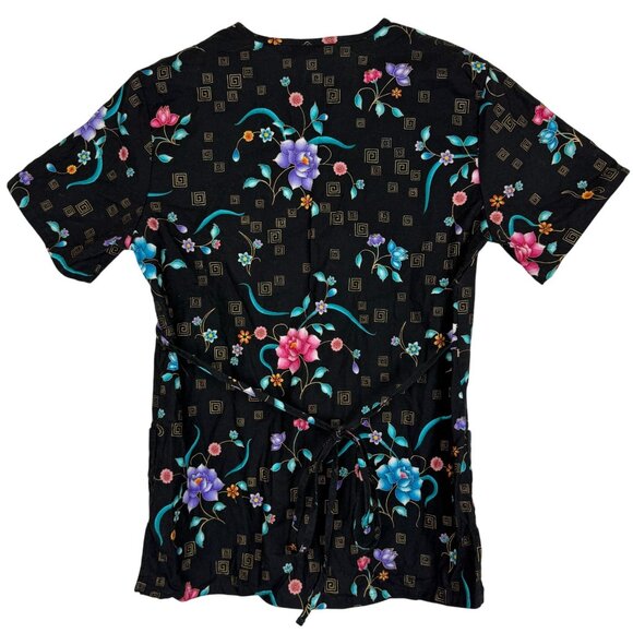 Cherokee Scrub Top XS Black Floral V-Neck Pockets Cotton Tie Waist Medical Vet - Picture 2 of 9